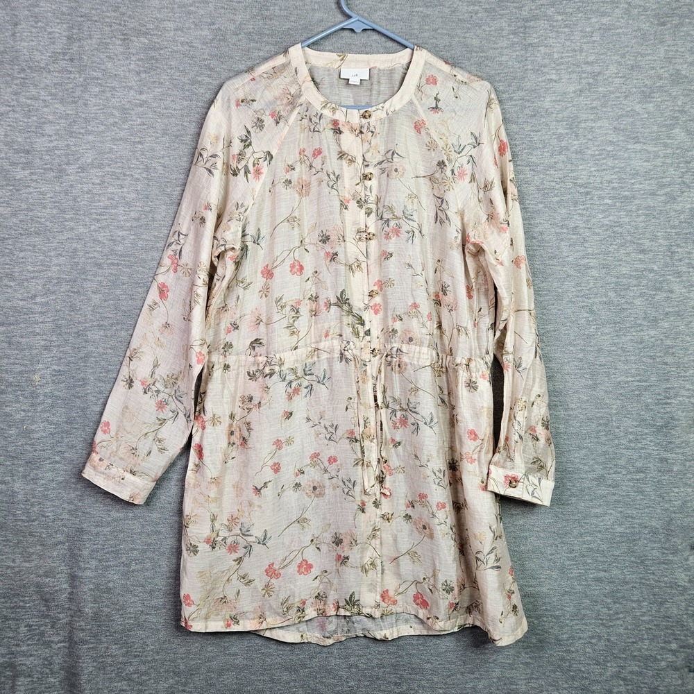 J Jill Women's Floral Print Top Medium Button Up 3/4 Sleeve Casual Tunic Blouse